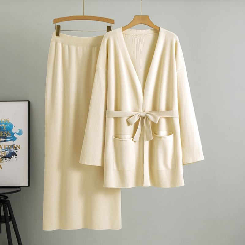 Плюс размер женская весенняя новая V-образная горловина свободная трикотажная юбка стильный кардиган комплект из двух предметов