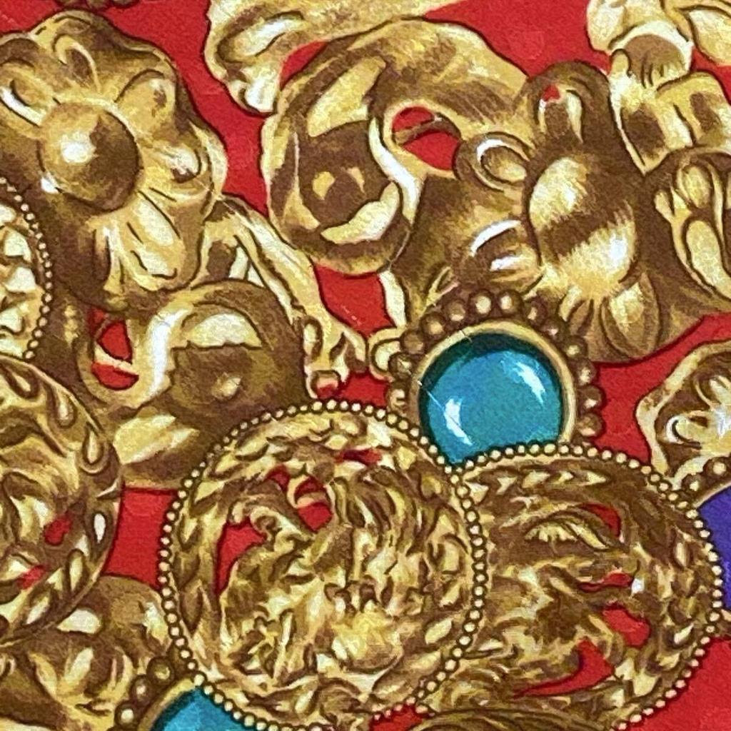 Б/у YVES SAINT LAURENT Ив Сен Лоран Шарф Шелковый Барокко Украшения Красный Золотой Тонкий Большой Винтажный