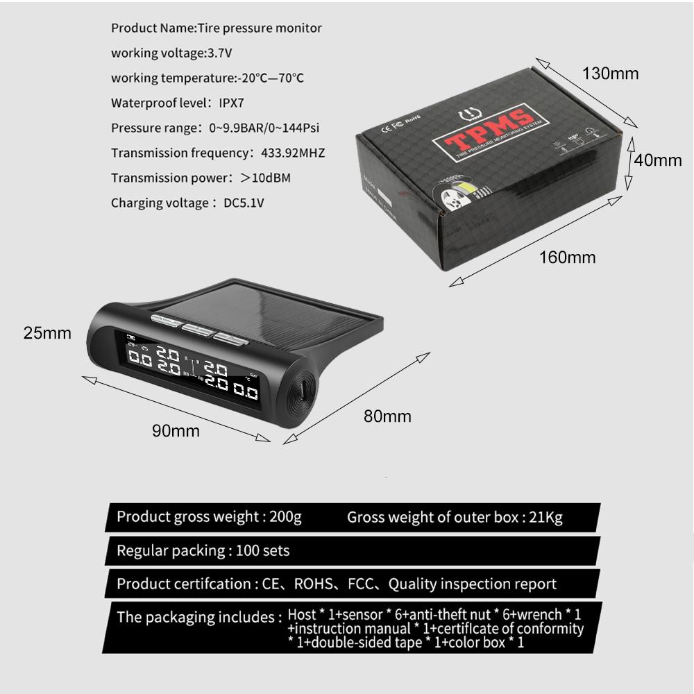 T1 Truck 6-Wheel External Tire Pressure Monitoring Solar Energy/usb Powered Temperature Tire Pressure Monitoring Rv/pickup Truck