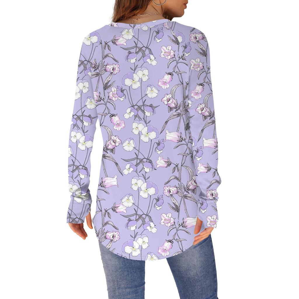 Женская футболка с принтом, круглым вырезом, свободная, с длинным рукавом, средней длины, с отсутствующим большим пальцем