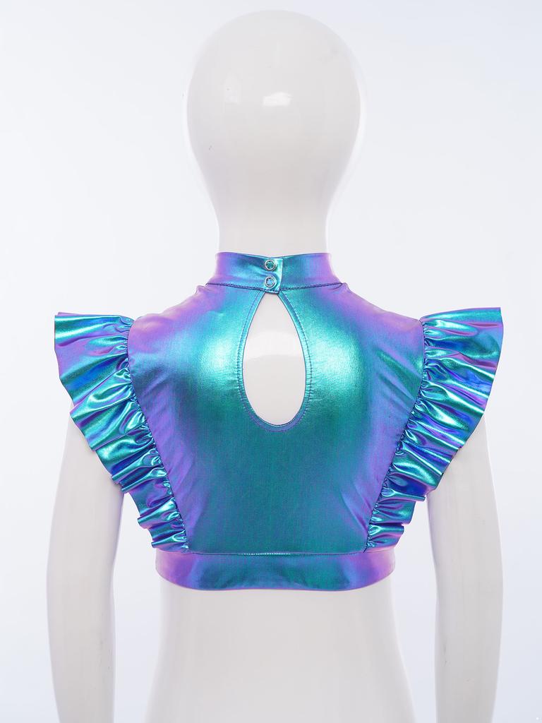 Kids Girls Metallic Tank Tops Mock Neck Mesh Patchwork Rhinestone Adorned Sleeveless Shiny Ruffle Crop Tops with Press Buttons Keyhole Back Dance Shir