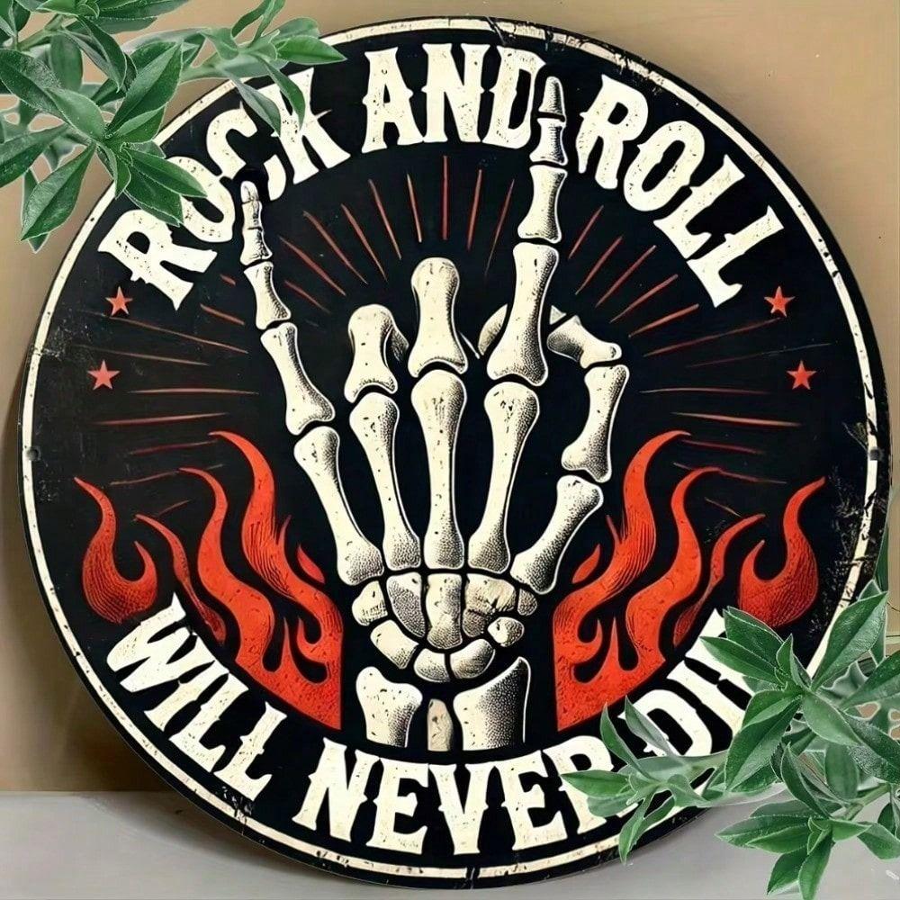 Винтажный Металлический Постер Rock n Roll со Скелетной Рукой Водонепроницаемый Наружный Декор Стен