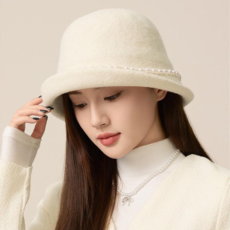 Pearl Wool Top Hat Women's Dome Hat Autumn Winter Warm Bucket Hat