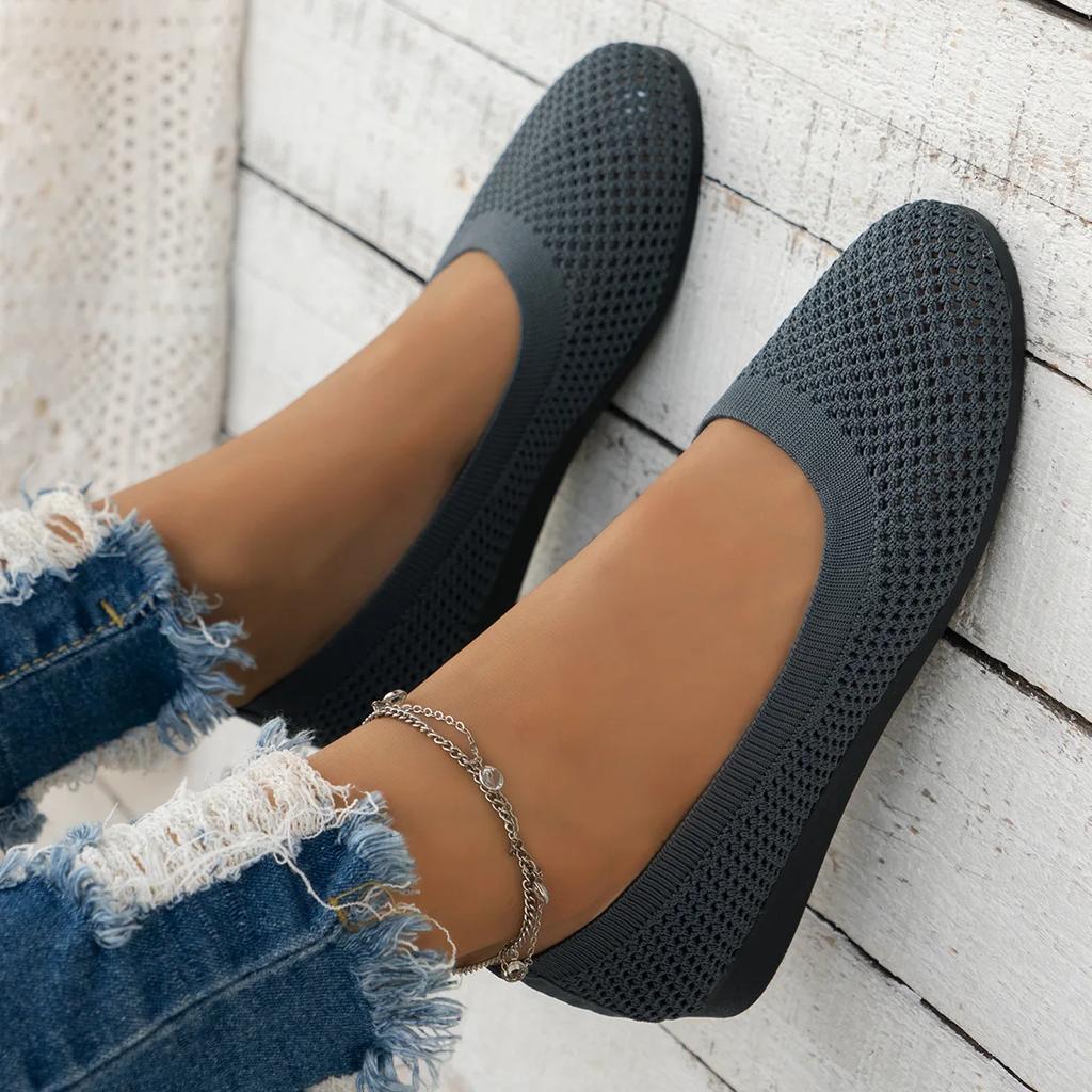 Fashion Women Round Toe Flat Shoes Solid Color Knitted Slip On Shoes Casual Breathable Ballet Flats Women Flat Shoes Loafers Women