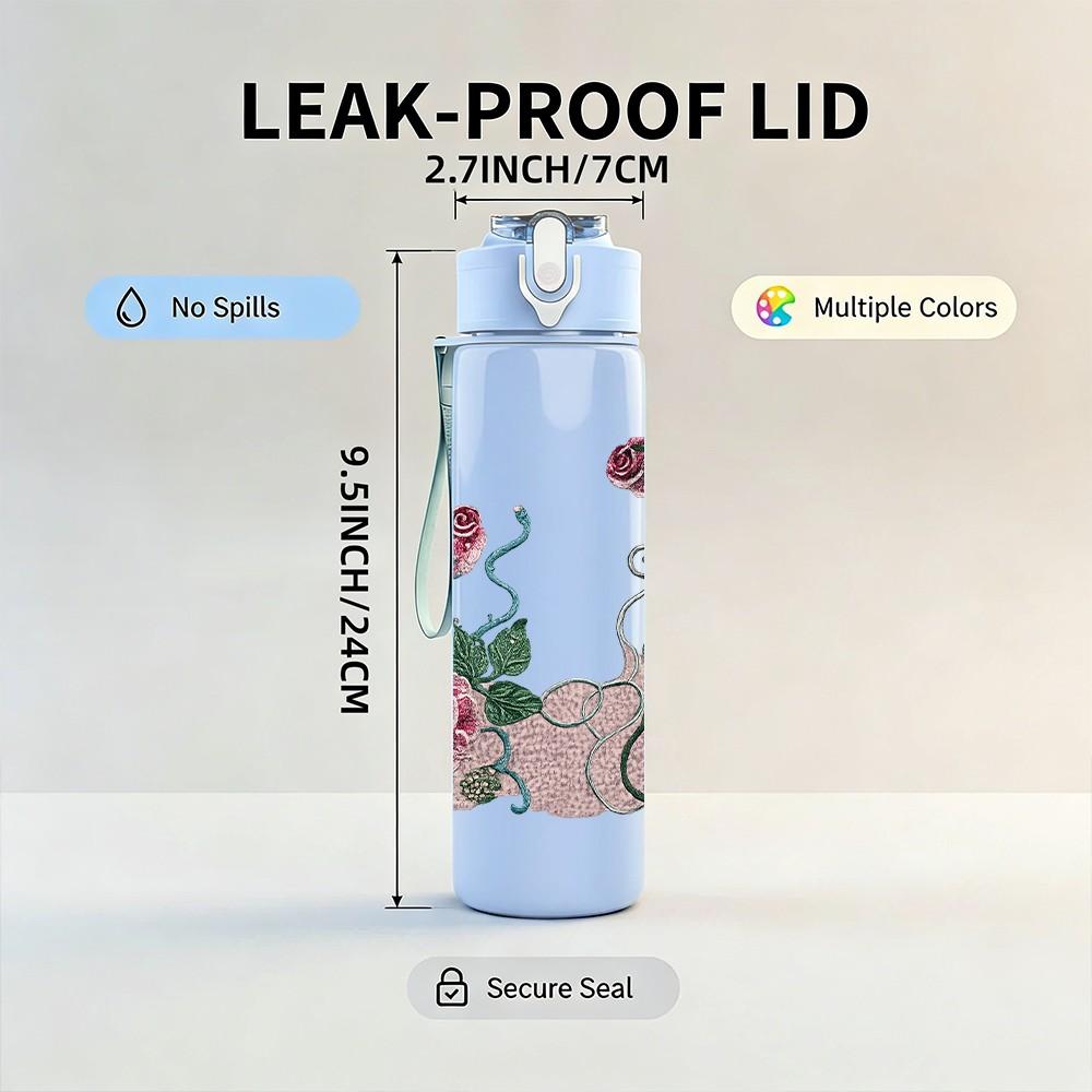 1PC Rose Peony Mixed Floral Vine Print 750ml Color Plastic Sports Water Bottle Leakproof Flip Straw Lid Suitable for Sports Office Home Use