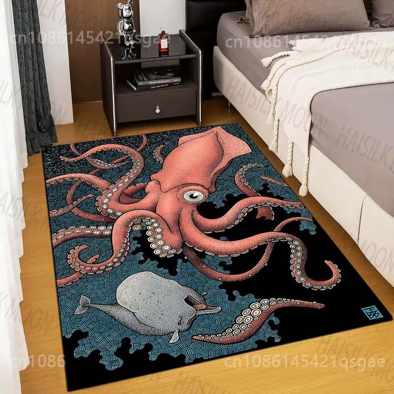 Multiple sizes Giant squid with fish swimming Carpet for Living Room Bedroom Sofa Home Decor Rug Non-slip Floor Mat Luxury Gift