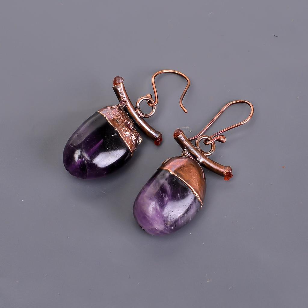 Натуральный Аметист Медь Элегантные Февральские Подвесные Серьги-Капли Электроформованные Крючки V-107