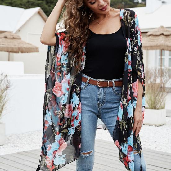 Летний пляжный халат с цветочным принтом Быстросохнущий декор с кисточками Солнцезащитный крем Свободный пончо Купальник Открытая пляжная одежда Кардиган Нерегулярный отдых