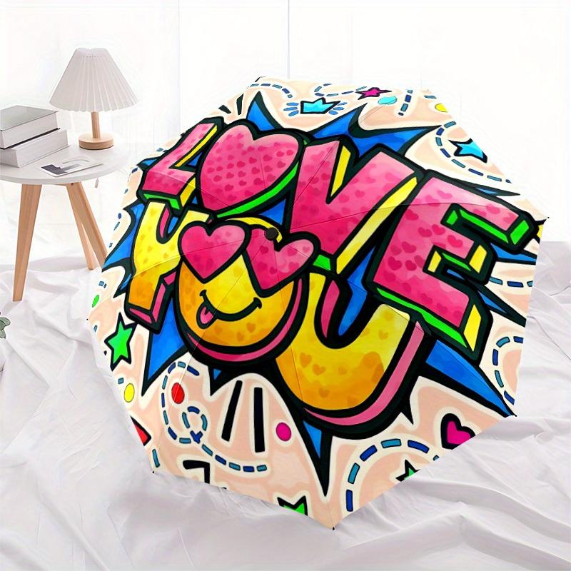 1pc Love You Sticker Automatic Folding Umbrella - 8-Rib Iron Frame, Windproof, Portable Sunshade with Plastic Handle for Travel & Outdoor Ac
