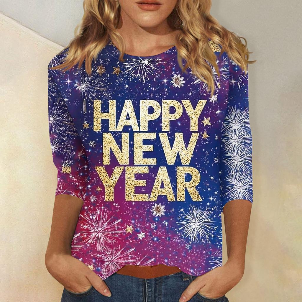 Женская мода повседневная новогодняя принтованная круглая горловина с рукавом три четверти топ Новый год 2025
