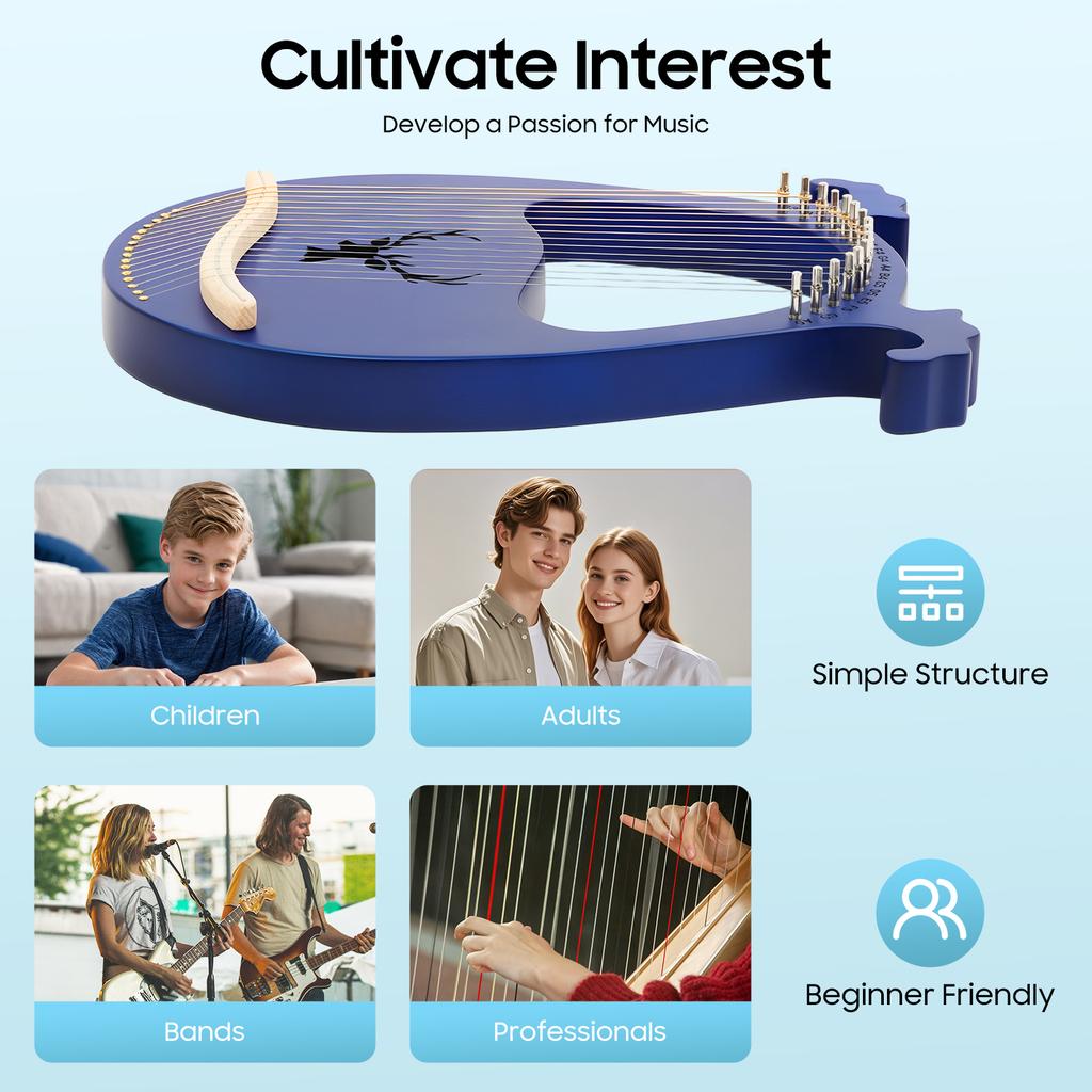 Синяя 16-струнная лира-арфа из цельного махагони, дизайн в виде рогов, портативный музыкальный инструмент для взрослых, начинающих, детей, подарок, для практики, для путешествий