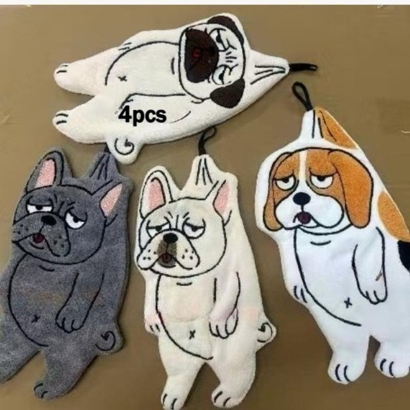 4pcs Bathroom Towels, New Creative Dog Hand Towels, For Bathroom, Kitchen, Restaurant, Kitchen Cleaning, Coral Fleece Absorbent
