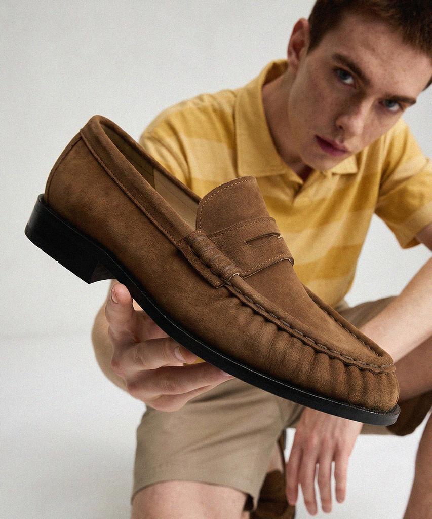 Firenze Atelier [Red Sole] Shirring Detail Standard Penny Loafer 4080 [Mid Brown Suede]