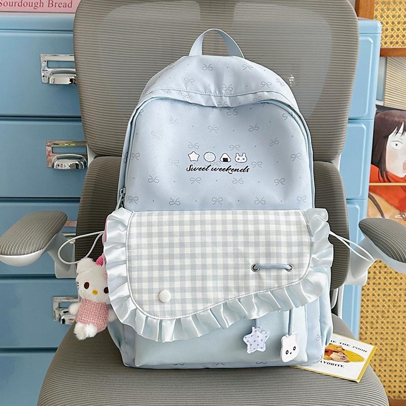 Schoolbag Waxy Jiji Cream Lotus Leaf Edge School Bag Niche Bow Embroidery Girl Plaid Color Matching Junior High School Backpack
