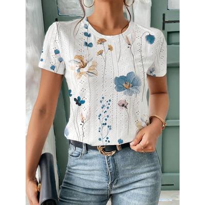 Frenchy Solid Eyelet Вышивка Круглый вырез Белая футболка Commute Минималистичный Офис Old Money Simple Commute Минималистичный Офис Old Money Simple