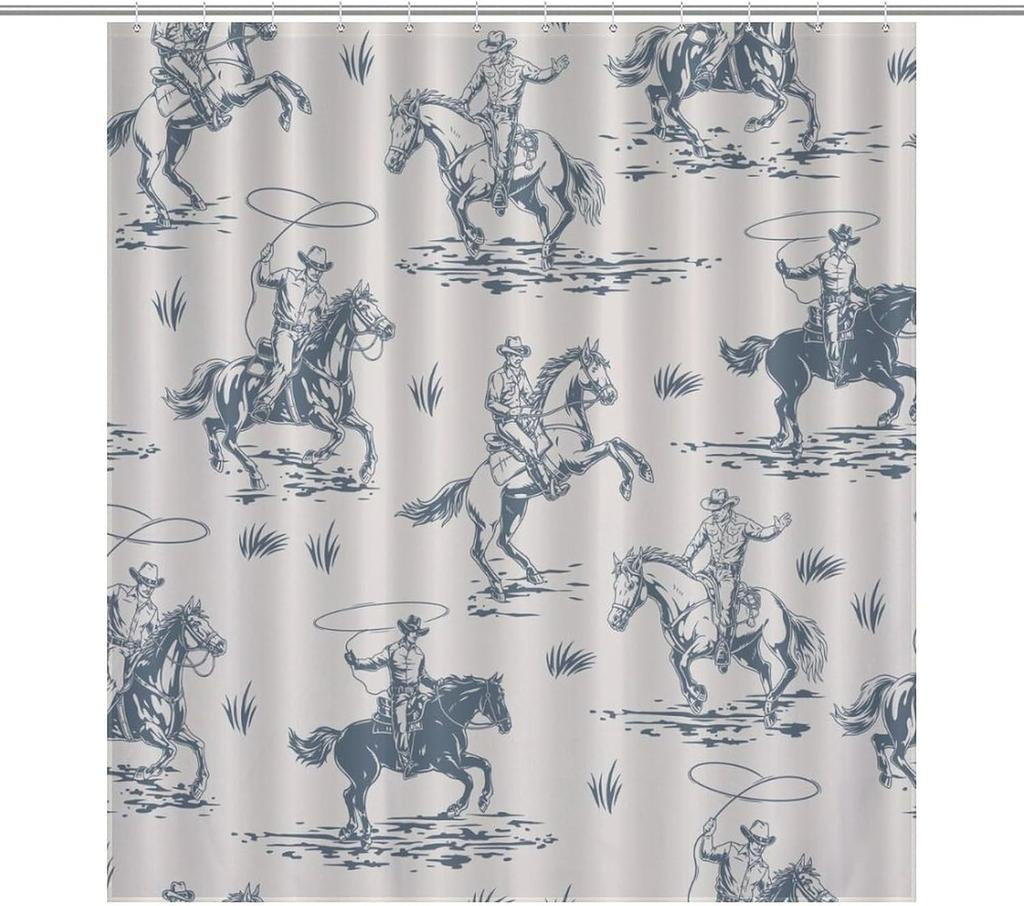 Western Shower Curtains for Bathroom, Cowboy Cartoon Decor Pattern Print Bath Drapes Set with Hooks, Waterproof Fabric Windows