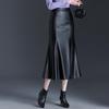 2025 Women's Black Sheepskin Fishtail Midi Skirt - High Waist Slimming A-Line