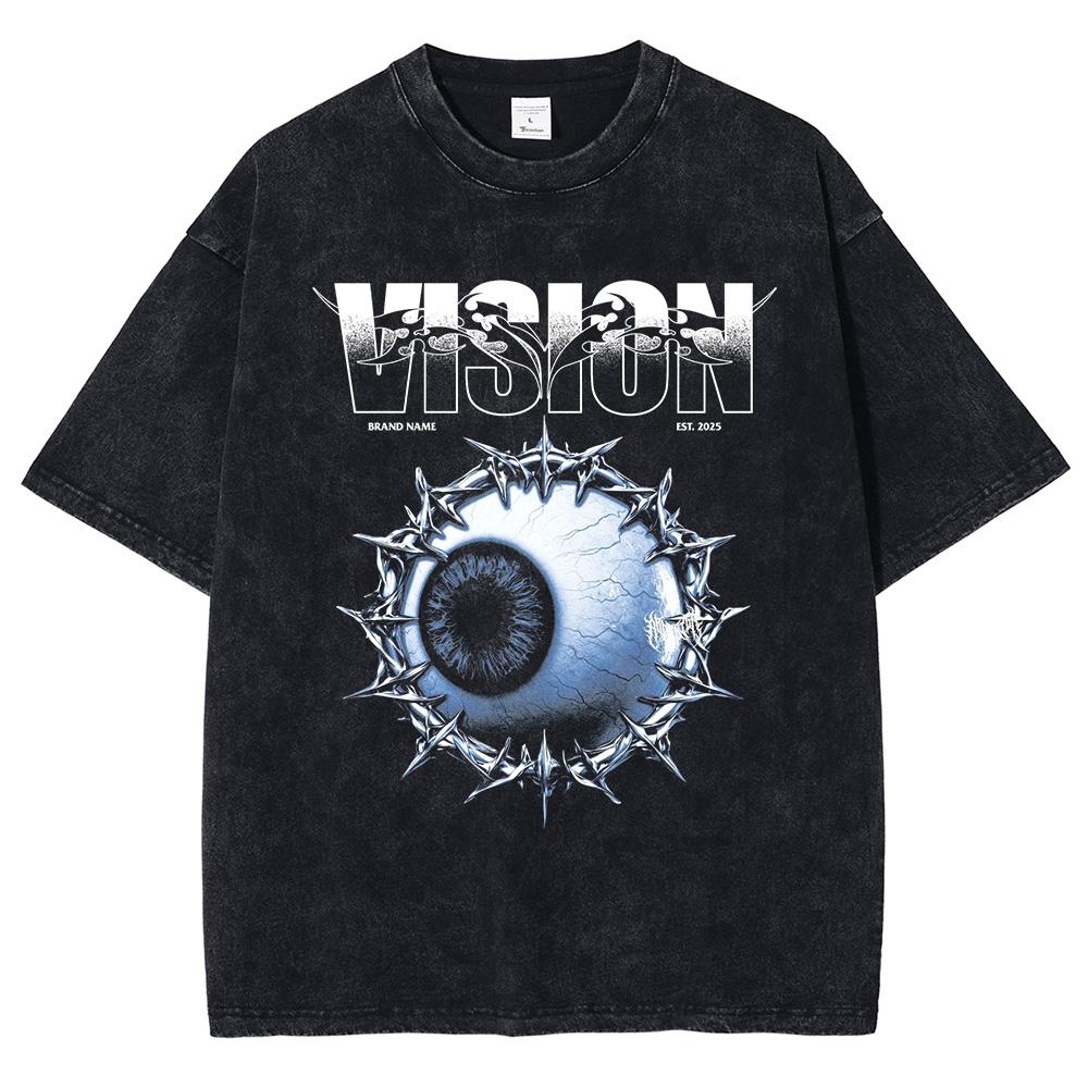 Harajuku Street Wear 2025 Mens Tshirt Oversize Eye Pattern Tshirt Cotton Washed Black Tshirt Unisex Top Tshirt Y2k
