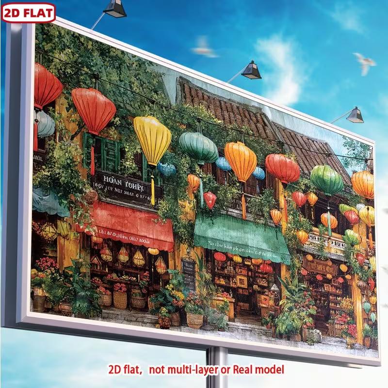 2D Vietnamese Ancient Town Lantern Backdrop for Studio Photography