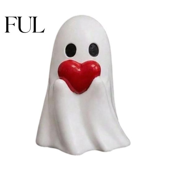 Funny Ghost Statue Halloween Cute Figurine, Small Red Heart Pumpkin Bucket Statue, Seasonal Decorative Gifts Resin Ornament for Home Shelf Table