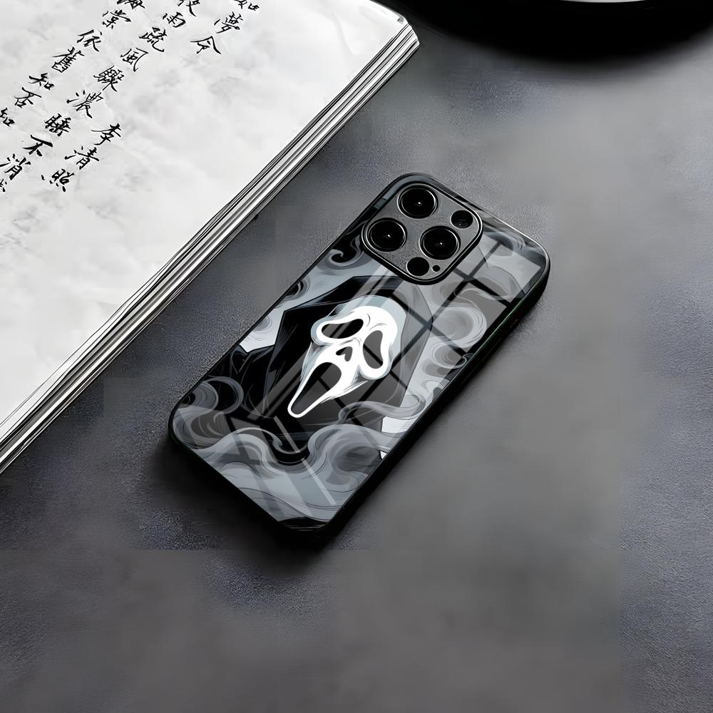 Чехол для телефона на Хэллоуин с изображением Лица Призрака Крик Для IPhone 17 Air 16 E Pro Max 15 14 13 Mini 12 Pro 11 Max Plus Черная Стеклянная Крышка