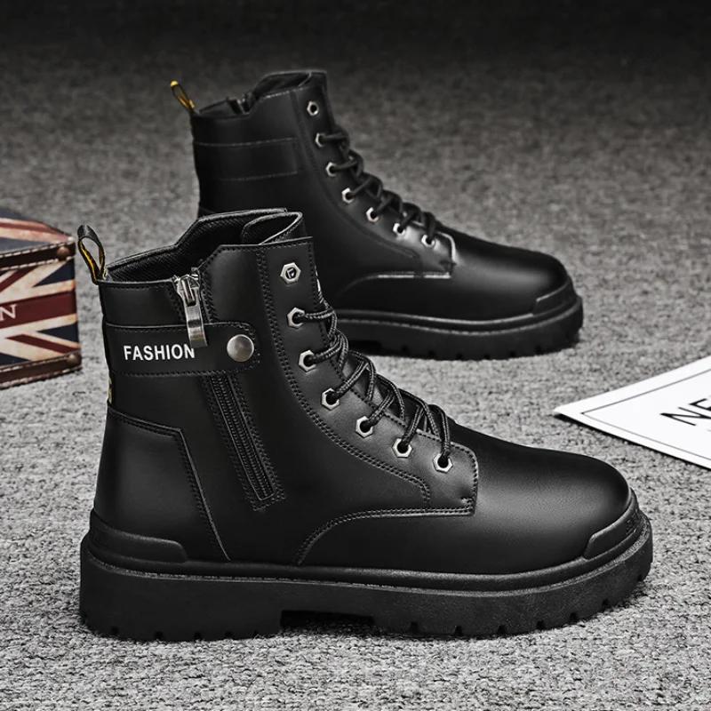Men's Fashion Sneakers Platform High Top Shoes Men Motor Side Zipper Boot Men Autumn Work Boots Platform Boot Shoes for Men