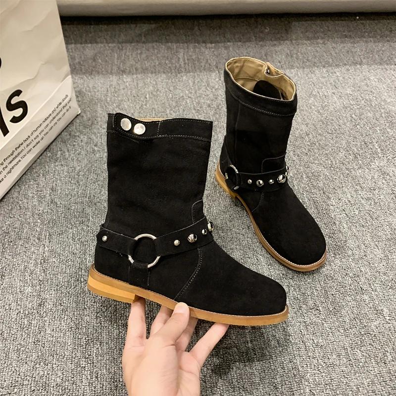 2024 Горячие продажи высококачественных коротких сапог для женщин с острым носком и пряжкой на плоской подошве для женщин Ковбойские сапоги в стиле вестерн для женщин