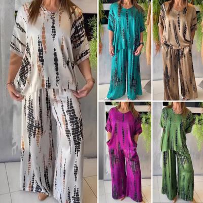 Женский комплект из двух предметов больших размеров, летний повседневный топ с круглым вырезом и короткими рукавами, широкие брюки, свободный наряд на весну, лето и осень