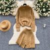 Autumn Winter Women Casual Knitted Twist Sweater Pant Two Piece Set Lapel Horn Button Cardigan Jacket and Elastic Waist Shorts Tracksuit