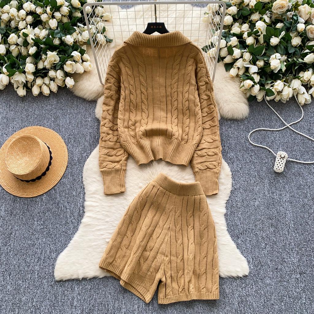 Autumn Winter Women Casual Knitted Twist Sweater Pant Two Piece Set Lapel Horn Button Cardigan Jacket and Elastic Waist Shorts Tracksuit