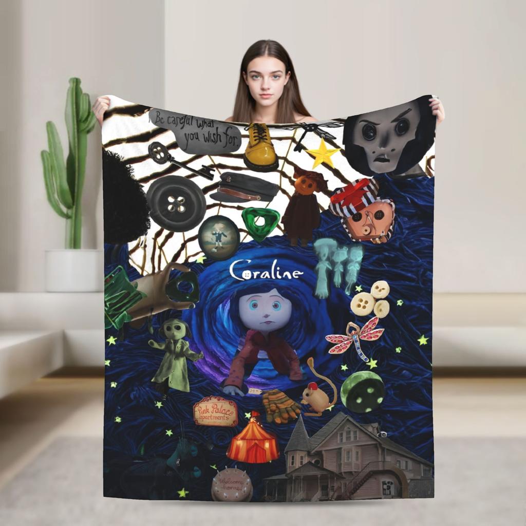 Coraline Halloween Horror Blankets Fleece Print Multifunction Lightweight Throw Blankets for Bed Bedroom Bedspread