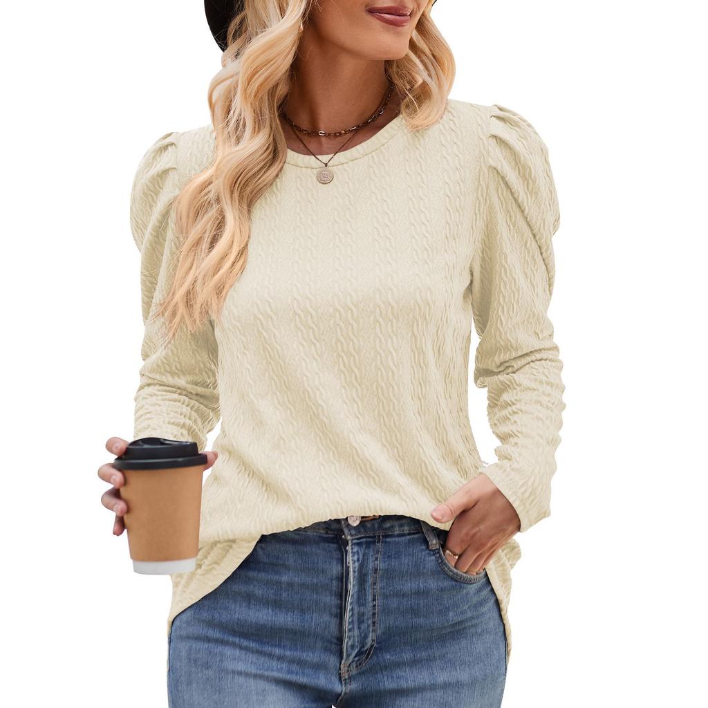 2024 Новая осенняя мода Повседневная круглая горловина однотонная трикотажная жаккардовая женская футболка с рукавами-пузырями и узорами из жареного теста