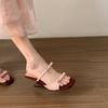 Fashion Bow wedge flip-flops Women wear 2024 new French square head open-toed line band fashion retro with skirt heels