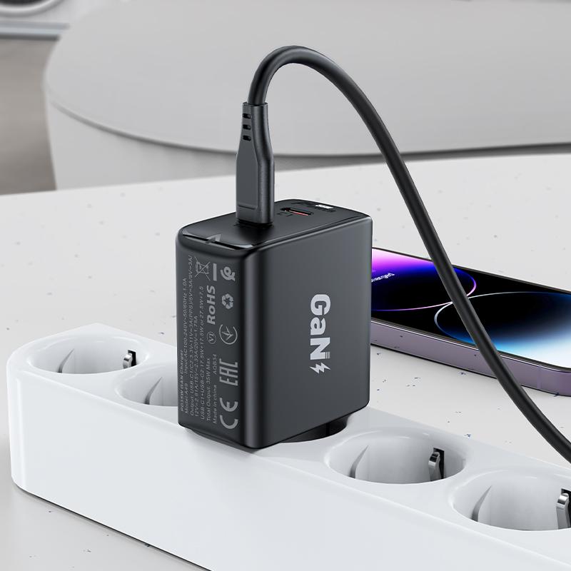 Gan 35W Pd 2X Usb-C Fast Wall Charger For Iphone Samsung Black