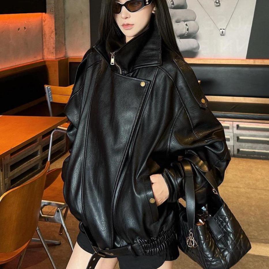 Ретро кожаная куртка плохого парня из Гонконга для женщин - Осень, Свободный крой, Универсальная, Приталенный дизайн