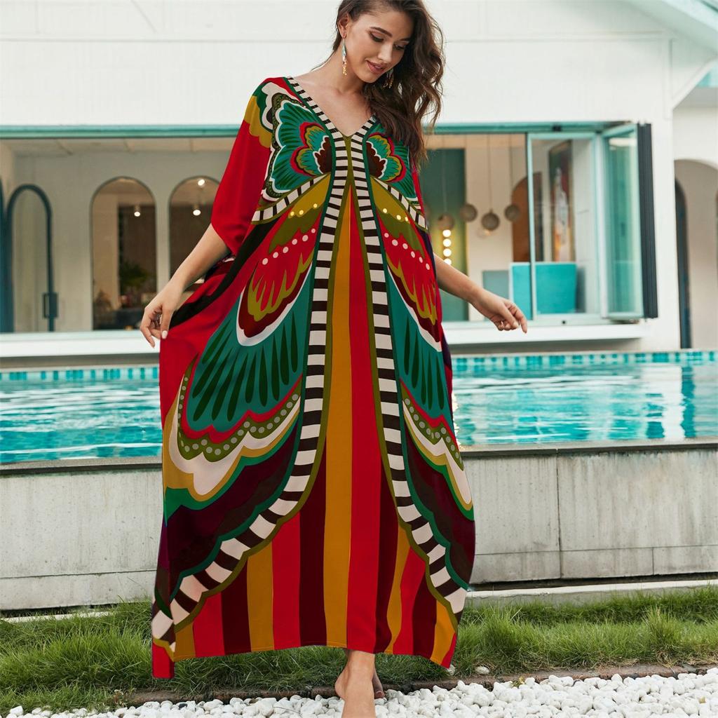 YYFS Women's Fashion Vacation Summer Spring Butterfly Print 1/2 Sleeves V-Neck Casual Dresses