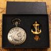 2pcs/set,1pc Fashionable Men's Classic Poker Case Design Quartz Pocket Watch & 1PC Vintage Gold Pirate Anchor Design Necklace Pendant,ideal for To Men