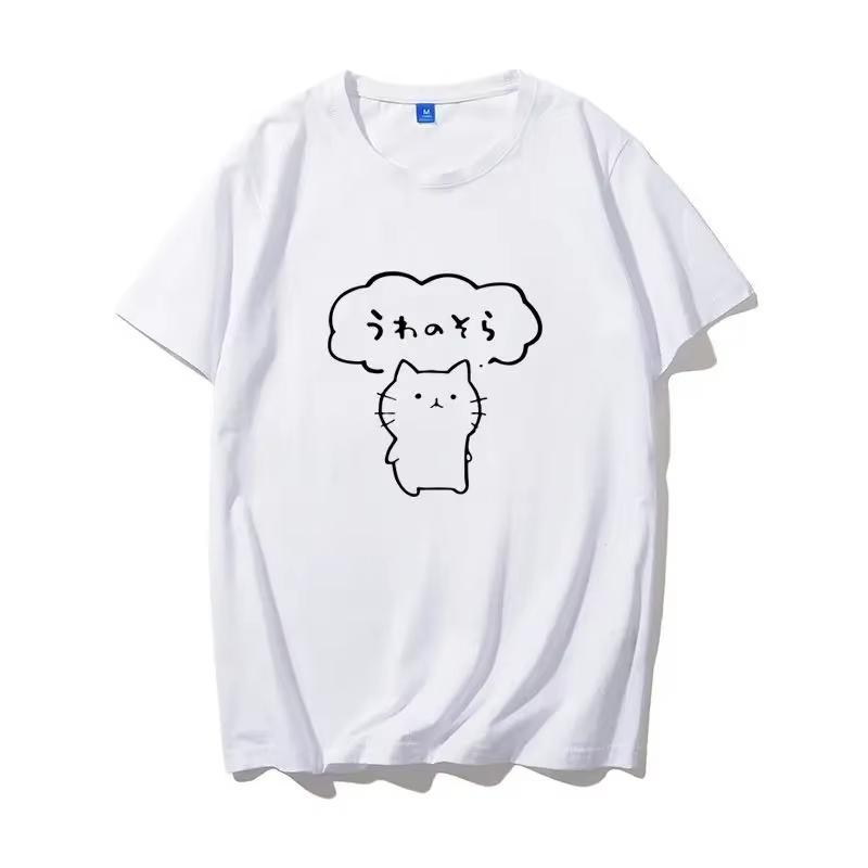 Unisex Tshirt Minimal Cat Graphic Tee Crew Neck Short Sleeve Japanese Style Line Art Kitten Print Soft Casual Daily Top