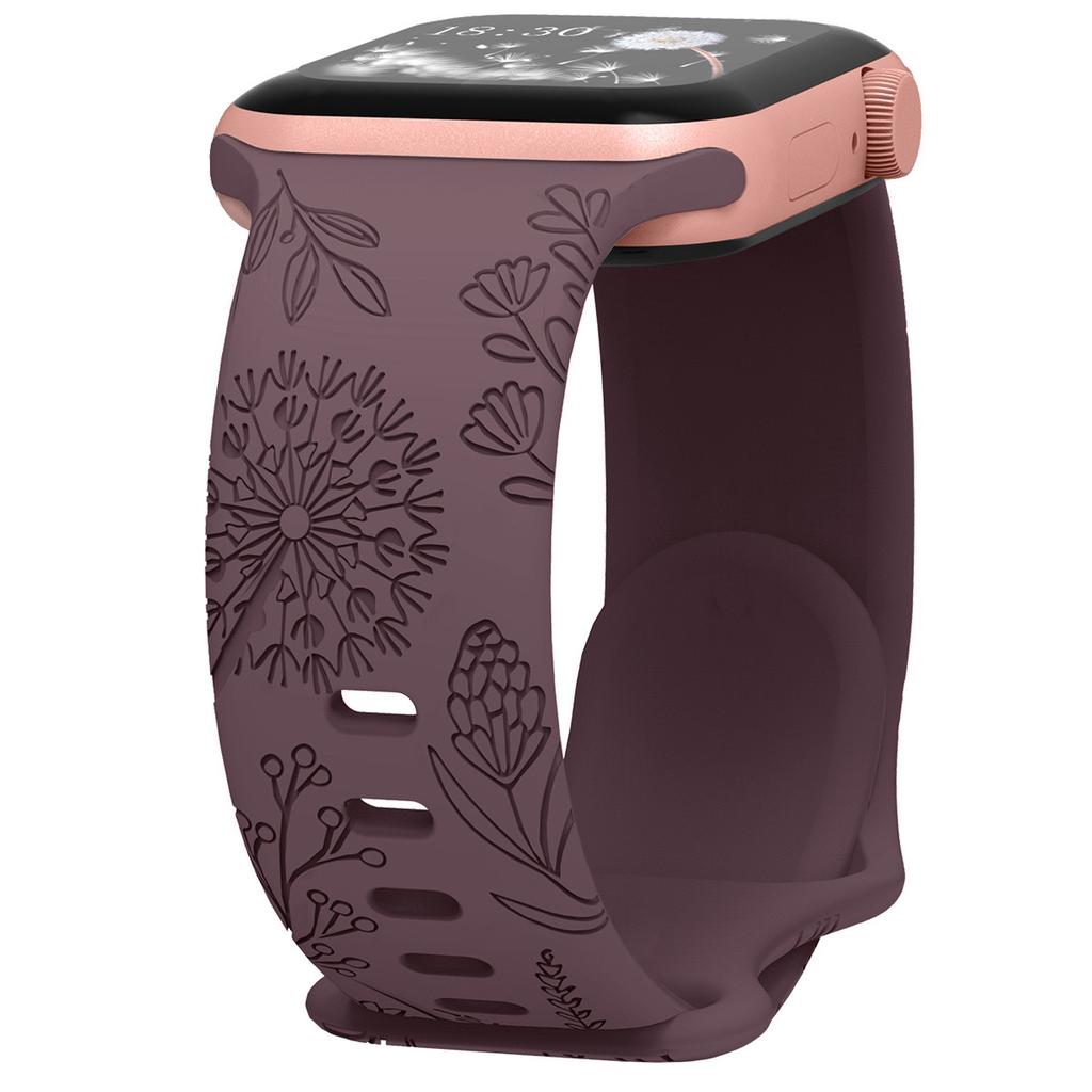Floral Engraved Band for Apple Watch 41/40/38/42/45/49 Dandelion Flower Pattern Silicone Strap for IWatch 8/7/6/5/4/3/SE