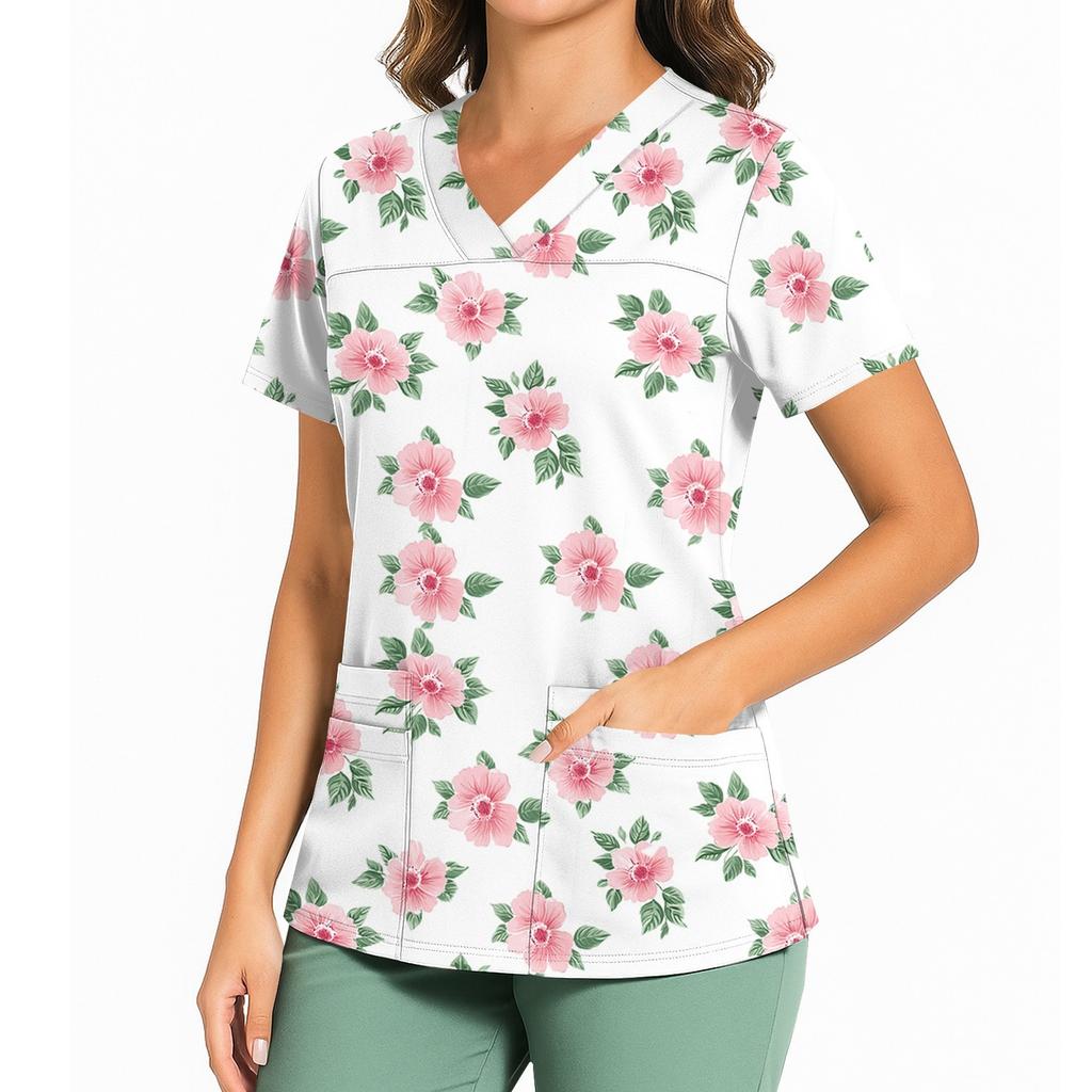 Женский повседневный топ с принтом, V-образным вырезом, карманом, боковым разрезом и короткими рукавами