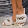 2024 Winter New Women's Slippers Plush Thick-soled Flip-flops Designer Warm Flat Shoes Glitter Crystal Decorated Cotton Shoes