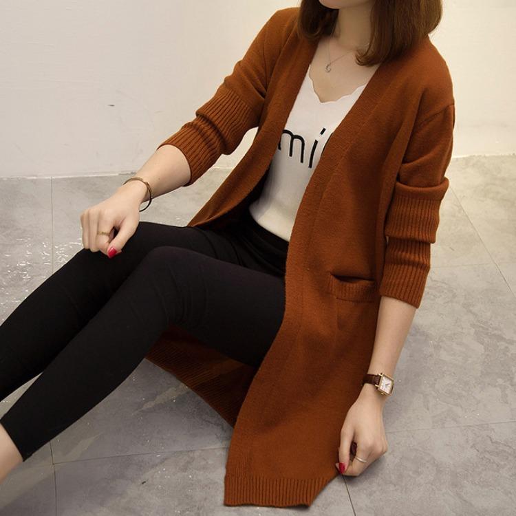 Вязаный кардиган средней длины, женский корейский свободный свитер, ленивый стиль, однотонный свитер с длинными рукавами, куртка для осени и зимы