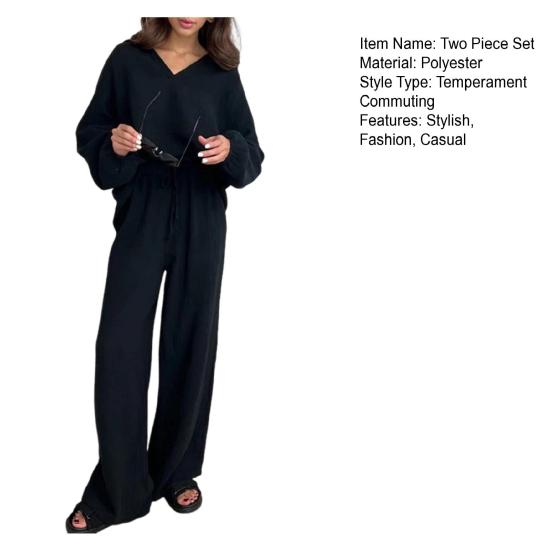 Women's Casual Two Piece Set Loose Casual Long Sleeve Top Lace Up Pants Set Female Turndown Collar Lounge Outfit