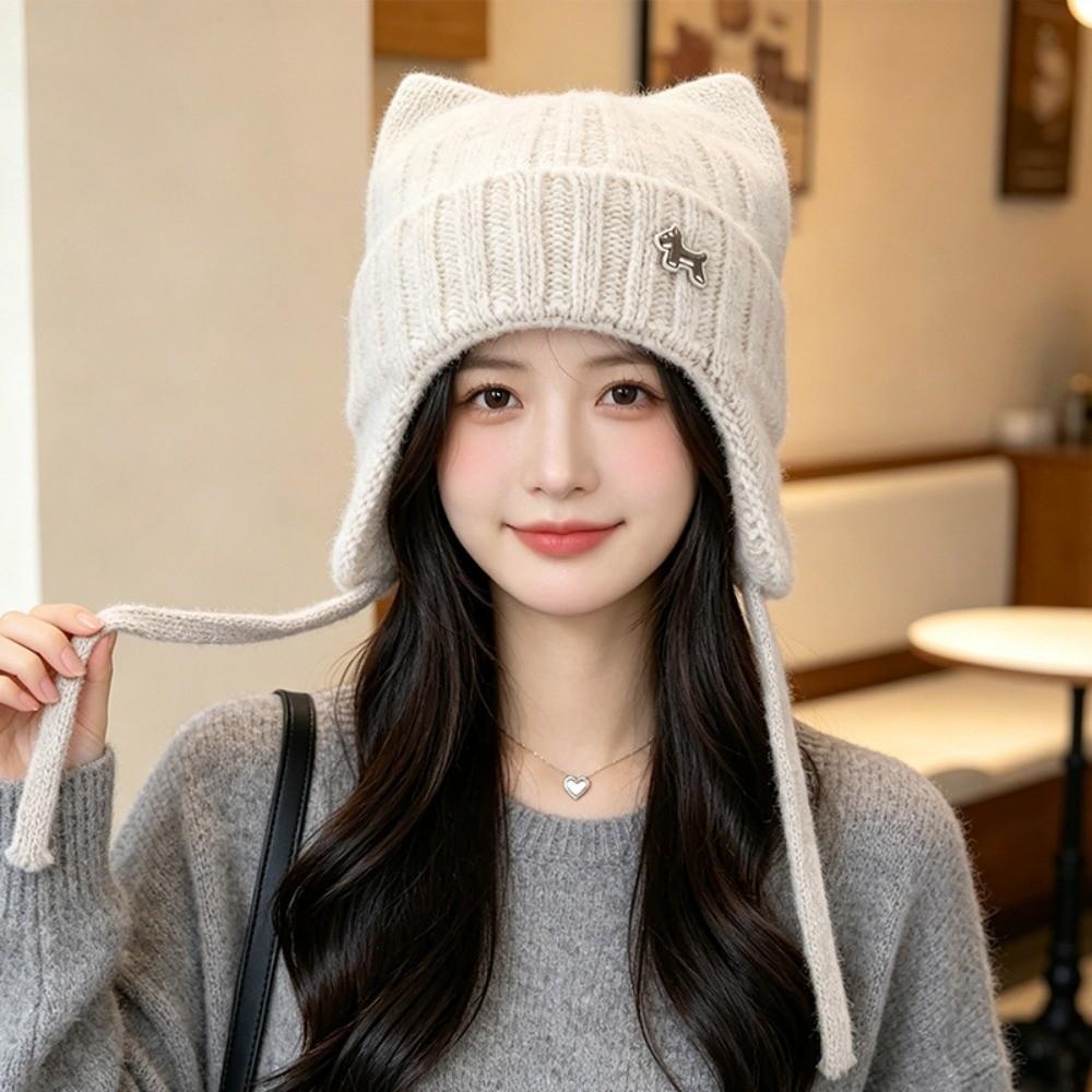 Chin Strap Cat Ear Knitted Hat 55cm To 60cm Circumference Earflap Hat Snow Weather