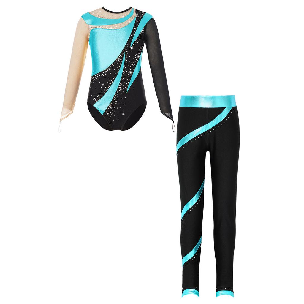 Girls Sparkle Rhinestone Performance Set Cutout Back Long Sleeve Leotard Elastic Waist Pants Dance Outfit