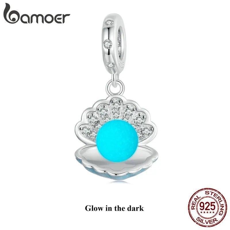 Bamoer 925 Sterling Silver Glow-in-the-dark Shell/Moon Cat/Star Wishing Bottle Pendant Luminous Ocean Charms for Bracelet