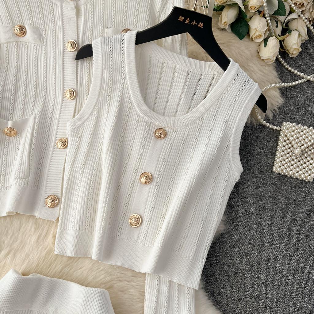 Autumn Winter Women Elegant Gold Button Knitted Sweater 3 Piece Set Single Breasted Jacket Coat Vest Long Midi Sheath Skirt Outfits