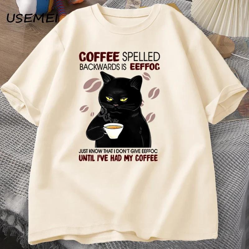 Кофе, написанный наоборот, Футболка с кошкой, Смешные милые графические футболки, Летняя унисекс хлопковая футболка, Мужская одежда оверсайз