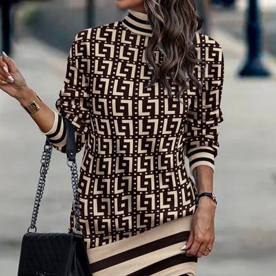 Осенне-зимняя европейская и американская водолазка с длинными рукавами и принтом, женские повседневные платья