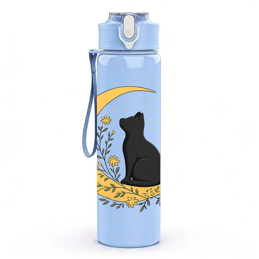 1PC Moon And Black Cat Art 750ml Color Plastic Sports Water Bottle Leakproof Flip Straw Lid Suitable for Sports Office Home Use